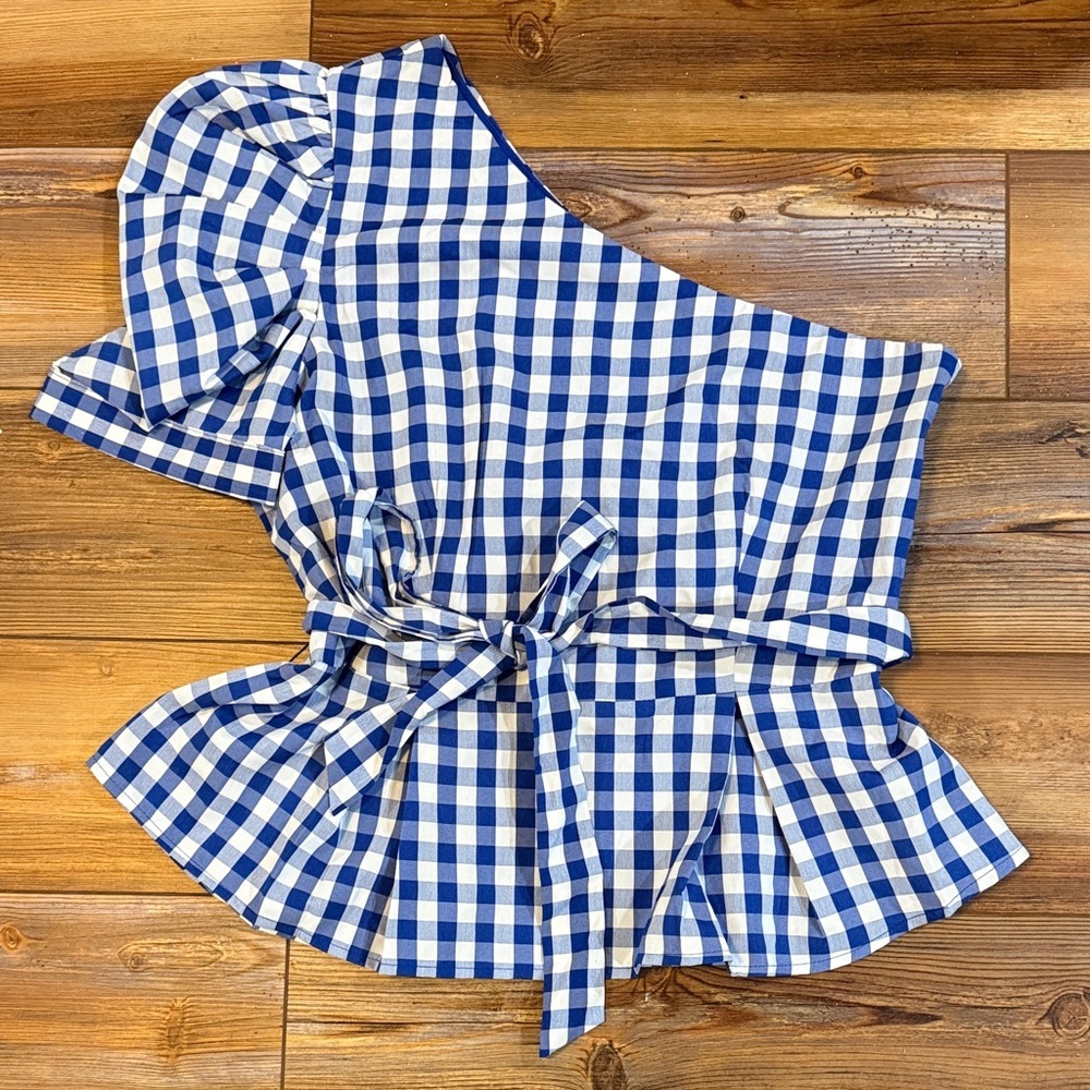 TCEC Blue and White Gingham One Shoulder Top Side Zip